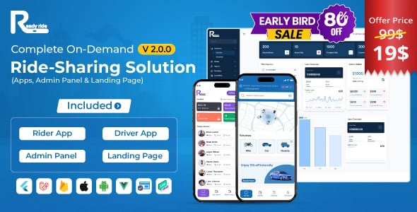 ReadyRide – Complete Ride Sharing Rider & Driver Mobile Apps with Web Admin Panel | RiderShare