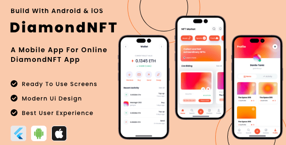 DiamondNFT App - NFT Marketplace Buying & Selling Flutter App | Android | iOS Mobile Template
